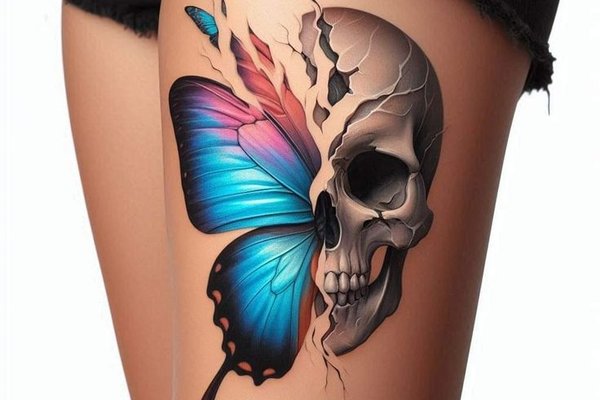 Realistisches Tattoo: Schmetterling mit Totenkopf auf dem Oberschenkel